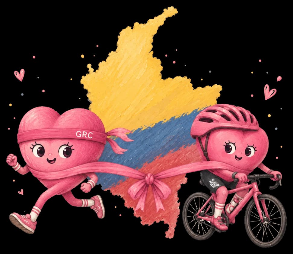 Corazones de Girls Run Club corriendo y El Tren Rosa en bici, unidos por un lazo rosa sobre el mapa de Colombia